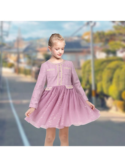 Girls Dress Green Pearl Pocket Sequin Classic Elegant Xmas Long Sleeve - Light Purple
