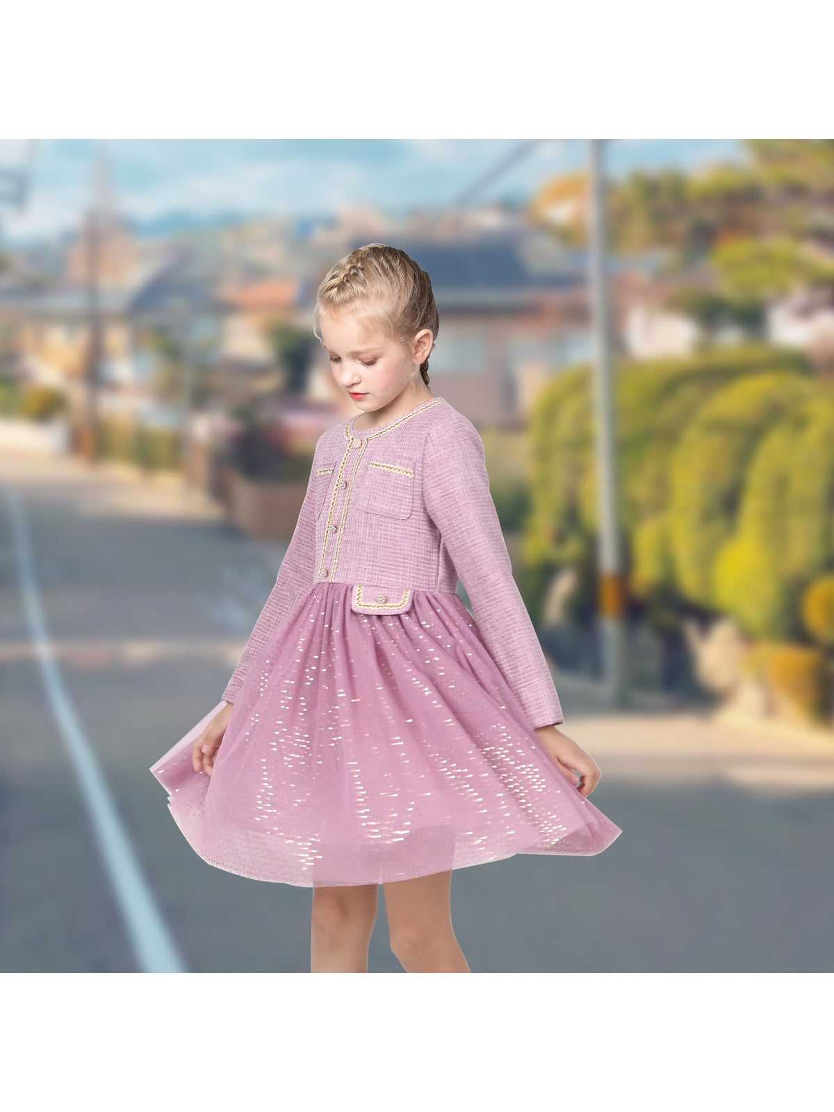 Girls Dress Green Pearl Pocket Sequin Classic Elegant Xmas Long Sleeve - Light Purple