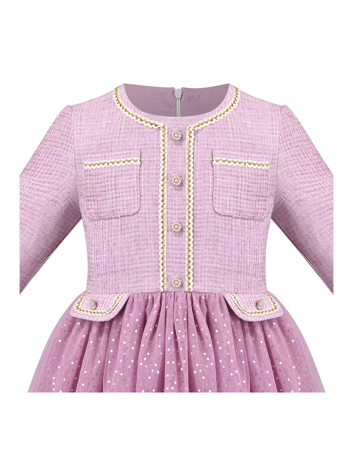 Girls Dress Green Pearl Pocket Sequin Classic Elegant Xmas Long Sleeve - Light Purple