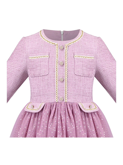 Girls Dress Green Pearl Pocket Sequin Classic Elegant Xmas Long Sleeve - Light Purple