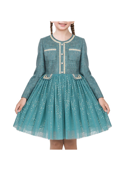 Girls Dress Green Pearl Pocket Sequin Classic Elegant Xmas Long Sleeve - Bluish Green