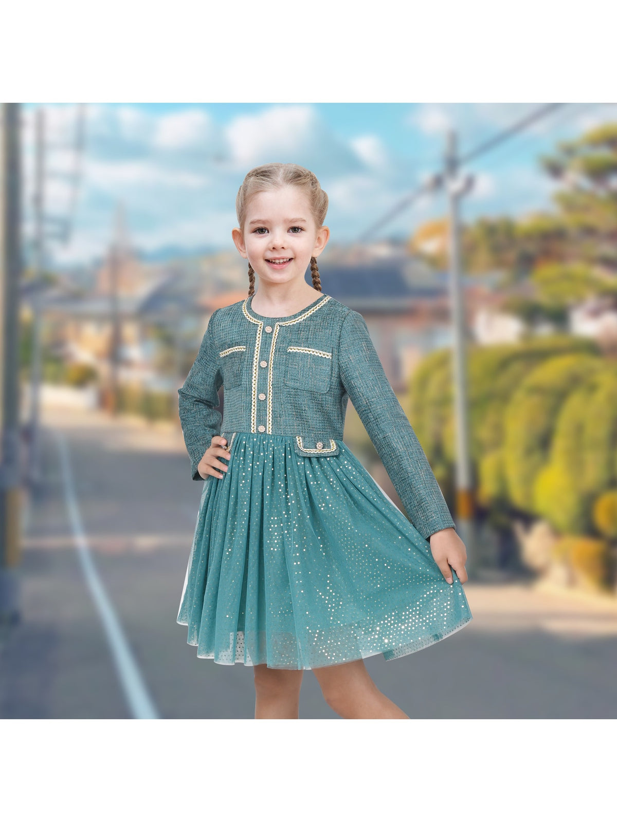Girls Dress Green Pearl Pocket Sequin Classic Elegant Xmas Long Sleeve - Bluish Green