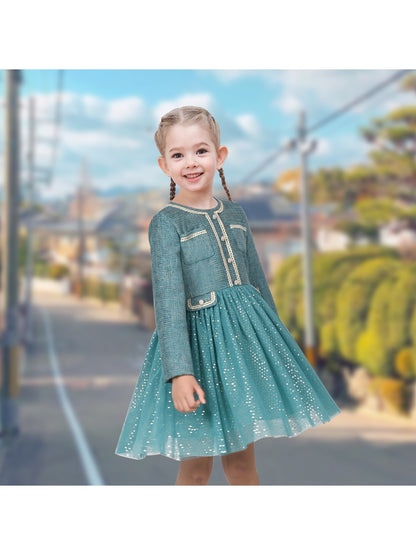 Girls Dress Green Pearl Pocket Sequin Classic Elegant Xmas Long Sleeve - Bluish Green