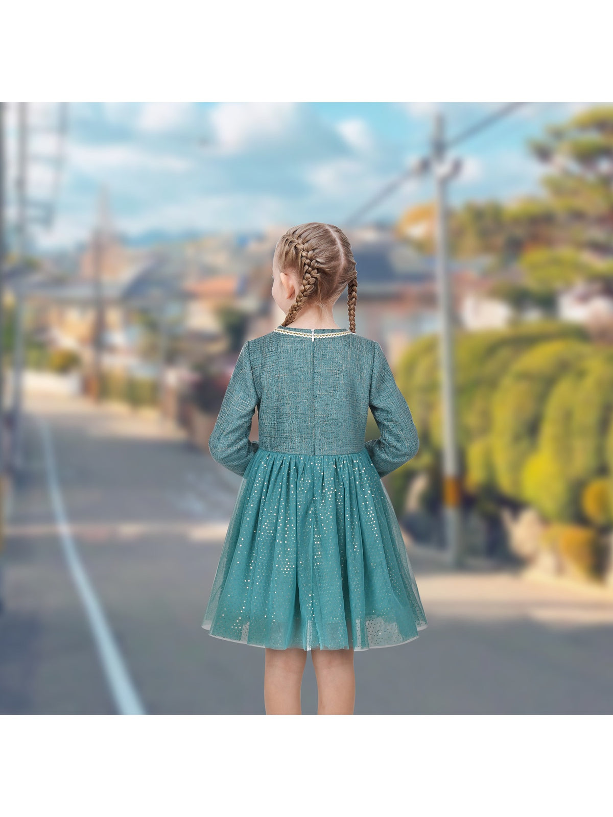Girls Dress Green Pearl Pocket Sequin Classic Elegant Xmas Long Sleeve - Bluish Green