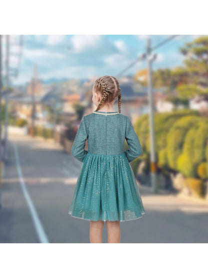 Girls Dress Green Pearl Pocket Sequin Classic Elegant Xmas Long Sleeve - Bluish Green