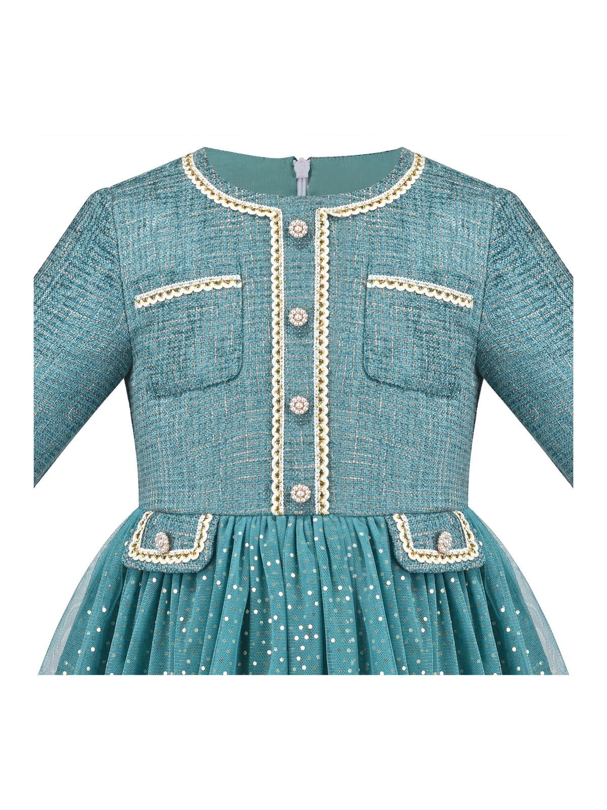 Girls Dress Green Pearl Pocket Sequin Classic Elegant Xmas Long Sleeve - Bluish Green
