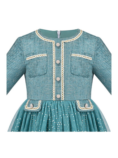 Girls Dress Green Pearl Pocket Sequin Classic Elegant Xmas Long Sleeve - Bluish Green