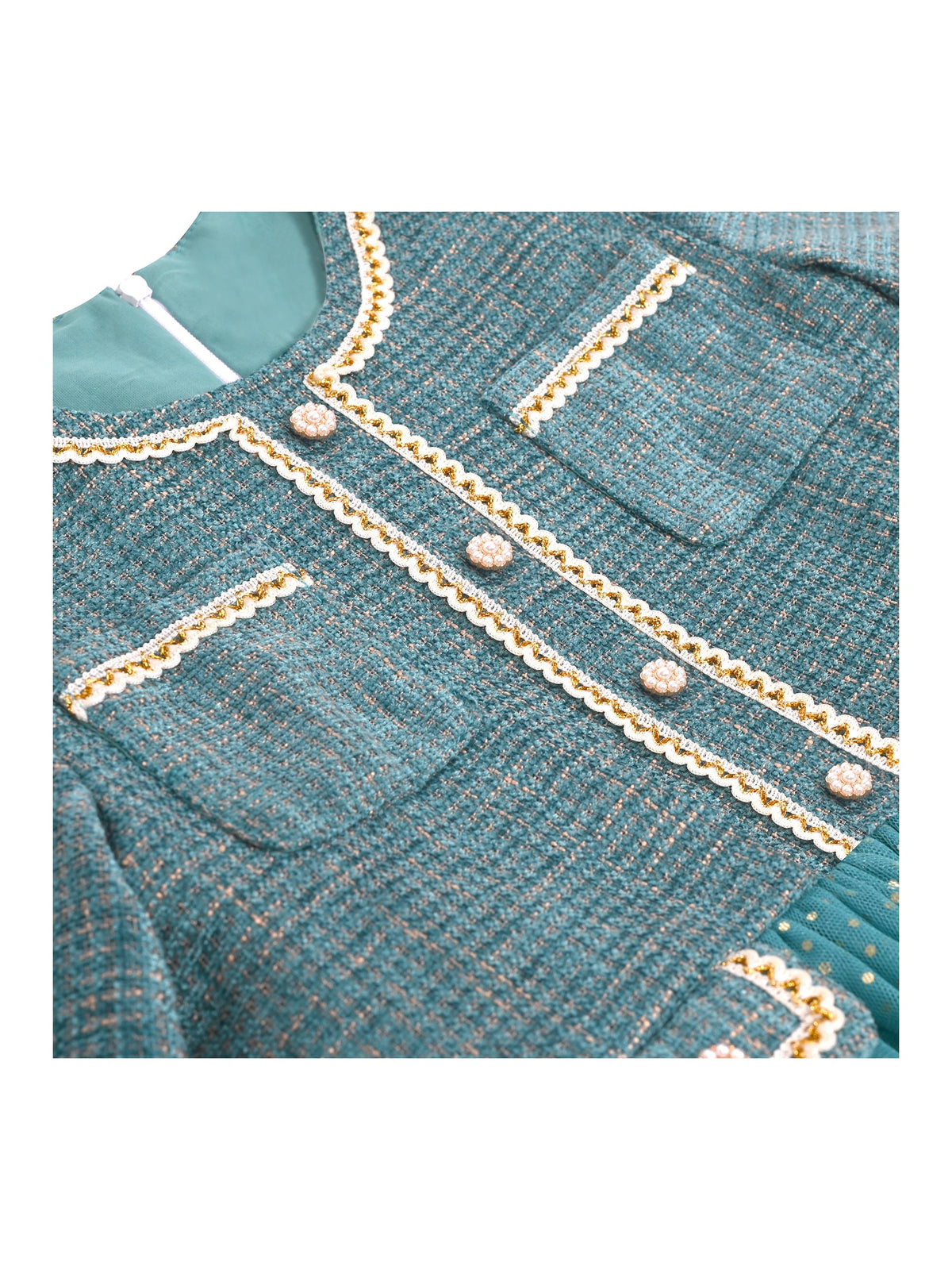 Girls Dress Green Pearl Pocket Sequin Classic Elegant Xmas Long Sleeve - Bluish Green