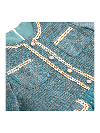 Girls Dress Green Pearl Pocket Sequin Classic Elegant Xmas Long Sleeve - Bluish Green