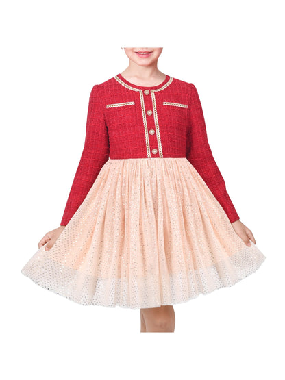 Girls Dress Green Pearl Pocket Sequin Classic Elegant Xmas Long Sleeve - Red Tulle