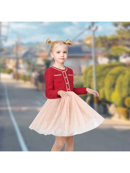 Girls Dress Green Pearl Pocket Sequin Classic Elegant Xmas Long Sleeve - Red Tulle