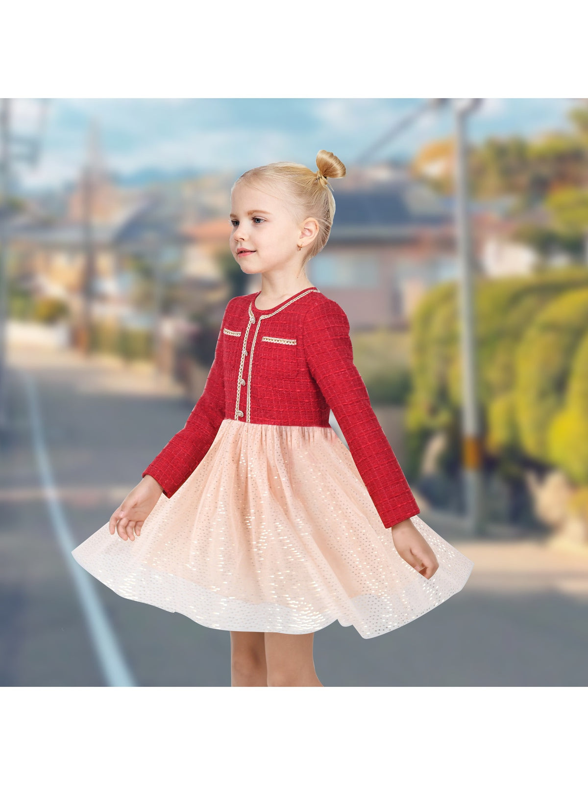 Girls Dress Green Pearl Pocket Sequin Classic Elegant Xmas Long Sleeve - Red Tulle