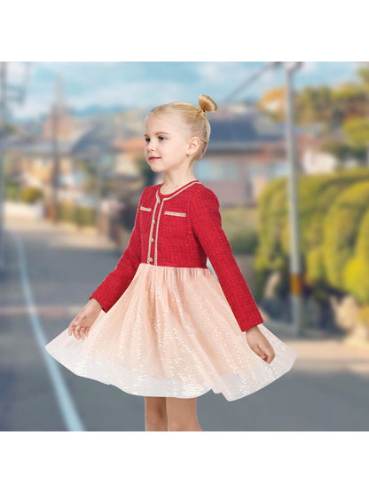 Girls Dress Green Pearl Pocket Sequin Classic Elegant Xmas Long Sleeve - Red Tulle