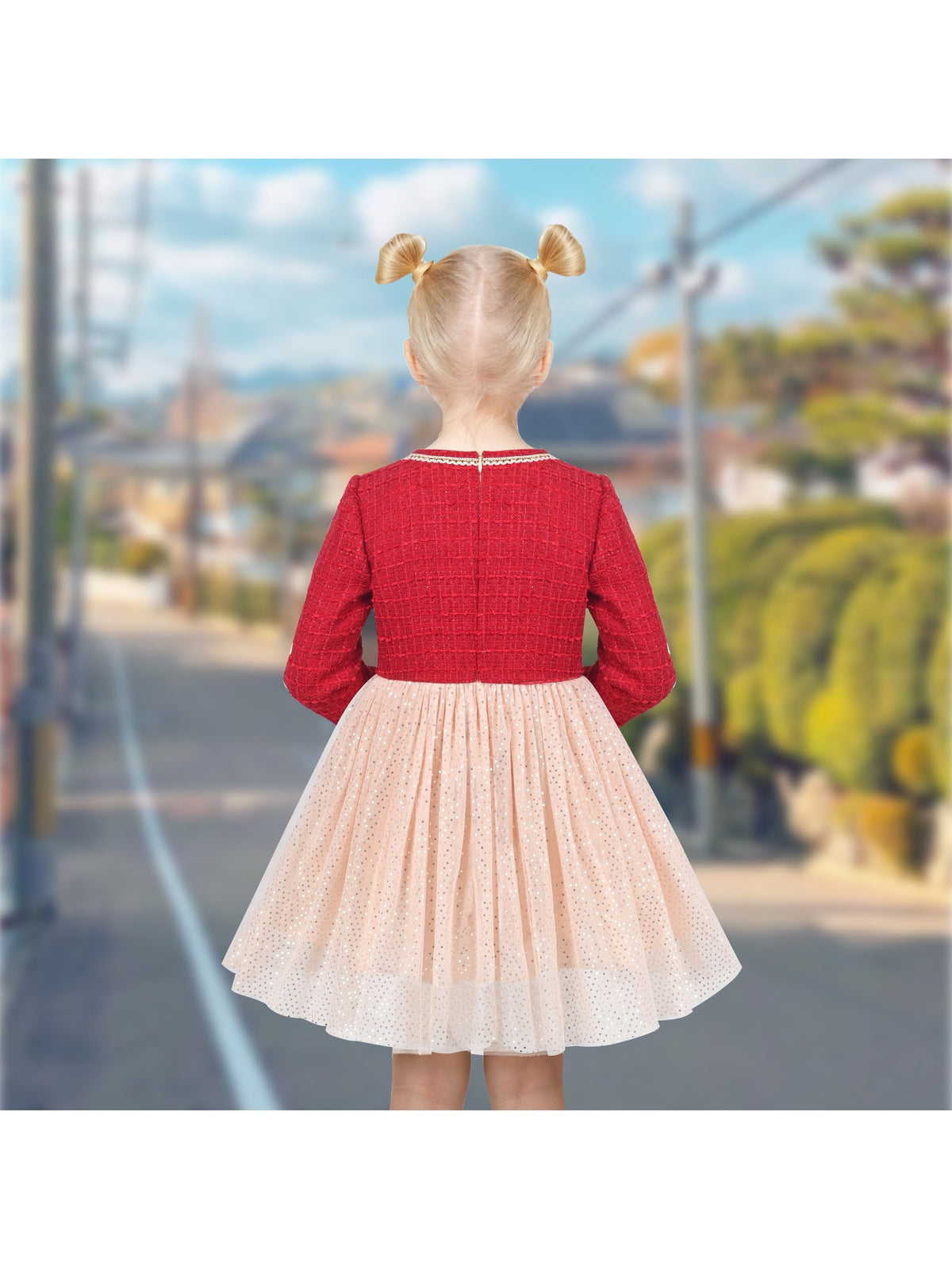 Girls Dress Green Pearl Pocket Sequin Classic Elegant Xmas Long Sleeve - Red Tulle