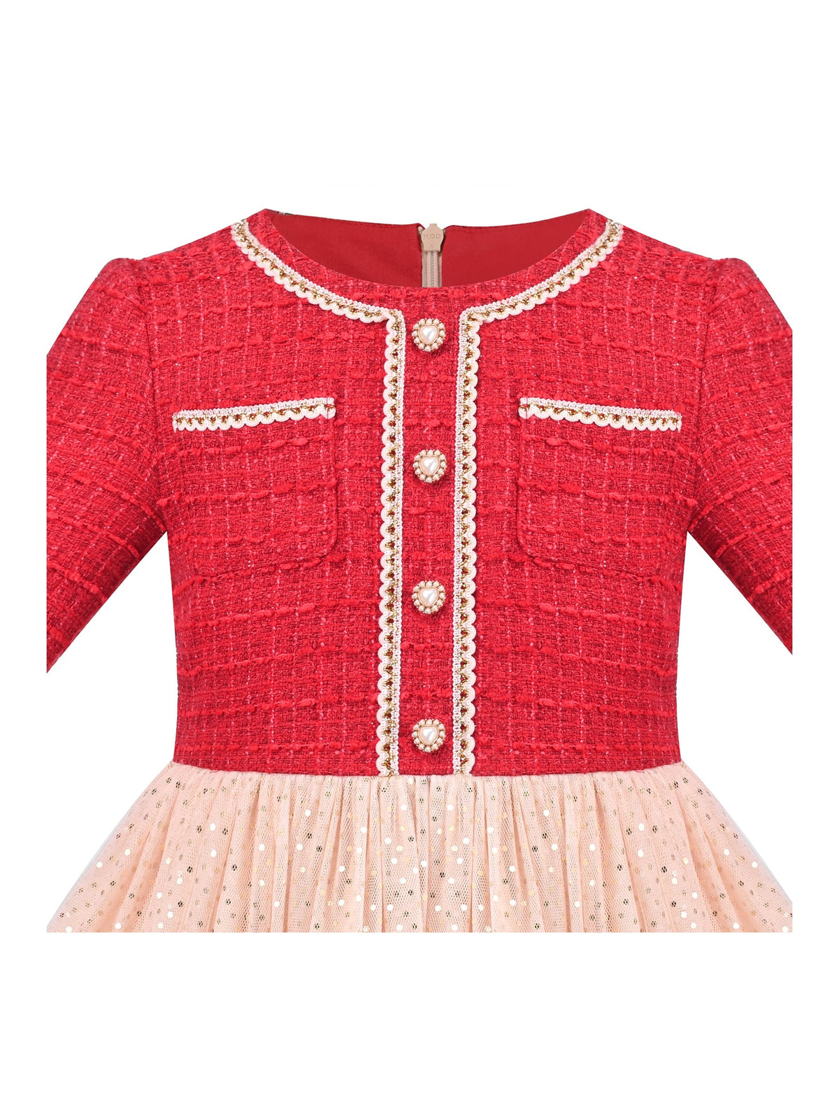 Girls Dress Green Pearl Pocket Sequin Classic Elegant Xmas Long Sleeve - Red Tulle