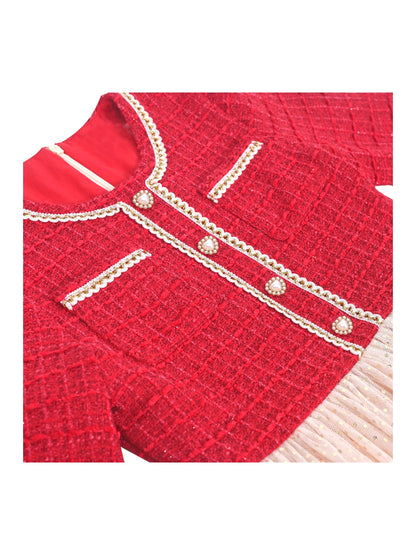 Girls Dress Green Pearl Pocket Sequin Classic Elegant Xmas Long Sleeve - Red Tulle