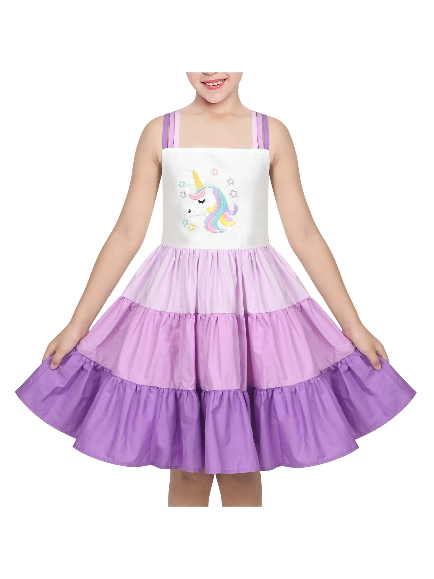 Girls Dress Purple Unicorn Rainbow Striped Suspender Sleeveless Summer Purple