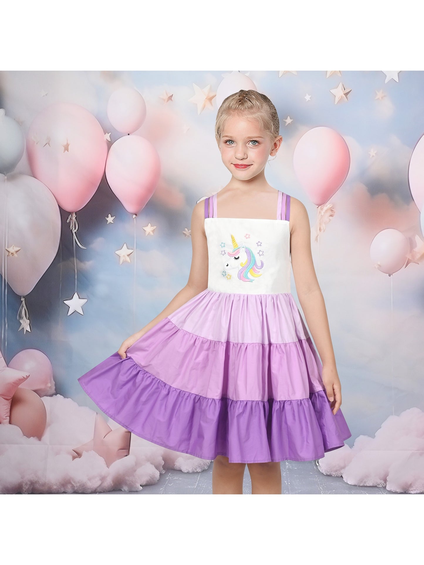 Girls Dress Purple Unicorn Rainbow Striped Suspender Sleeveless Summer Purple