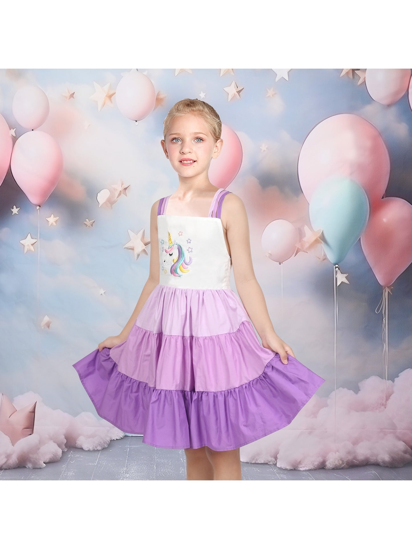 Girls Dress Purple Unicorn Rainbow Striped Suspender Sleeveless Summer Purple