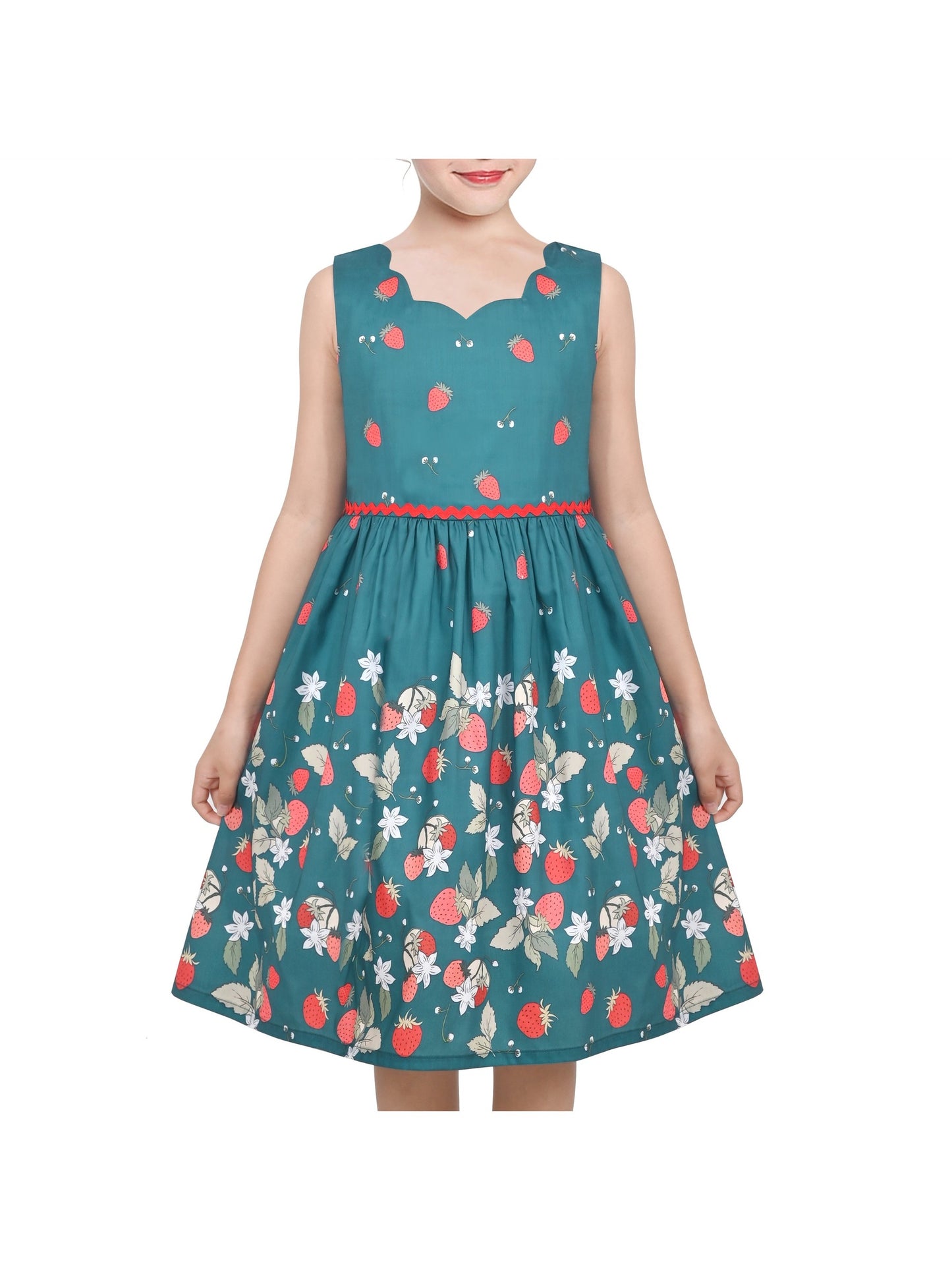 Girls Dress Green Strawberry Floral Zigzag Cute Sleeveless Casual Holiday Green