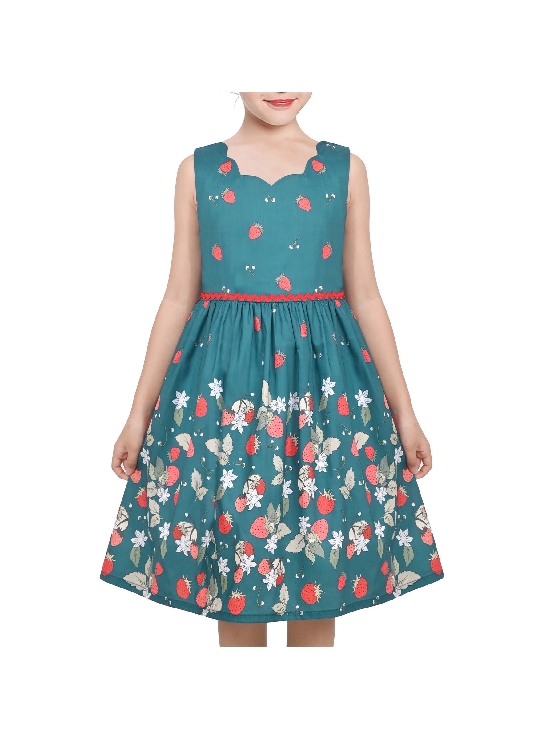 Girls Dress Green Strawberry Floral Zigzag Cute Sleeveless Casual Holiday Green