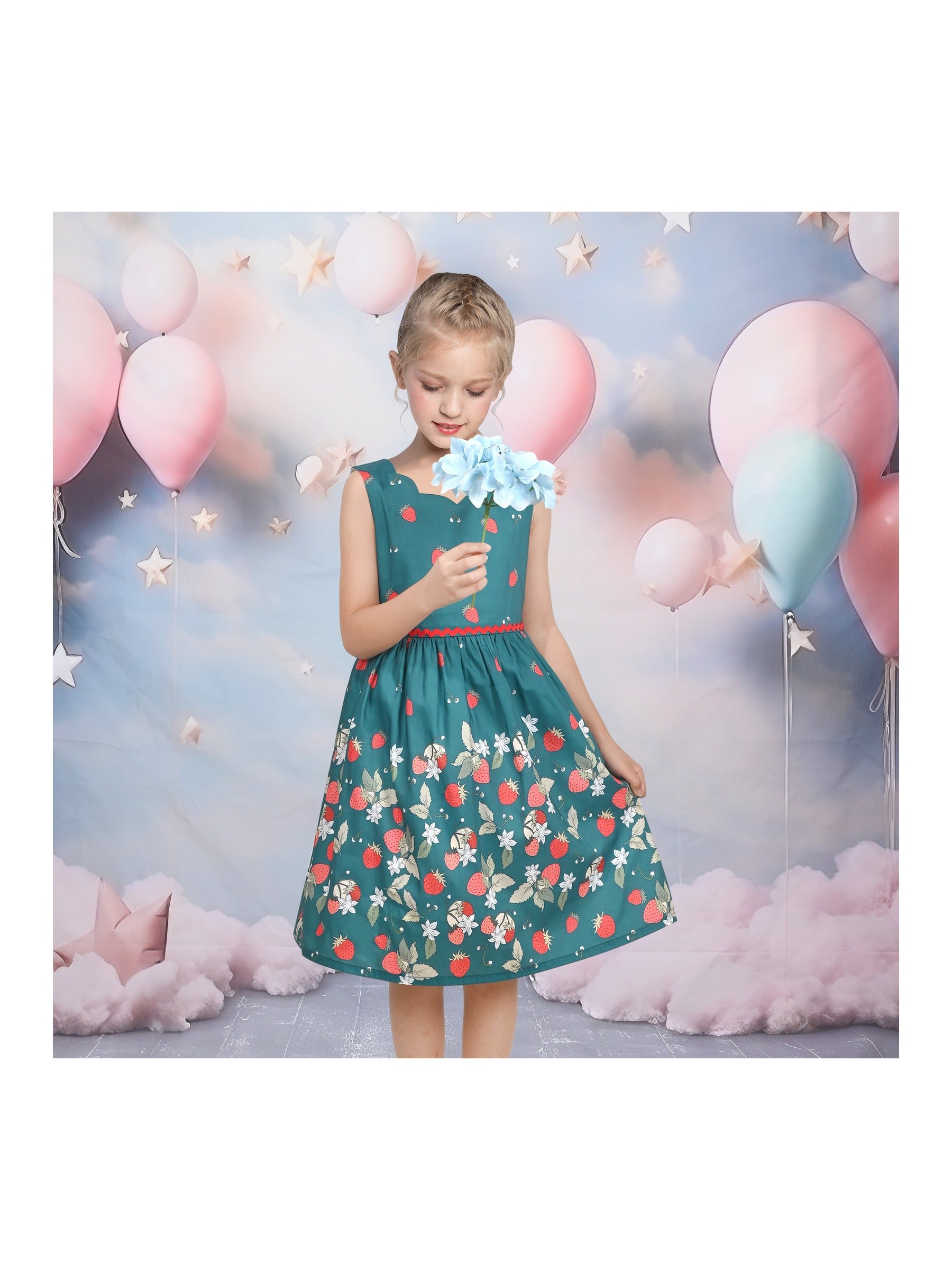 Girls Dress Green Strawberry Floral Zigzag Cute Sleeveless Casual Holiday Green