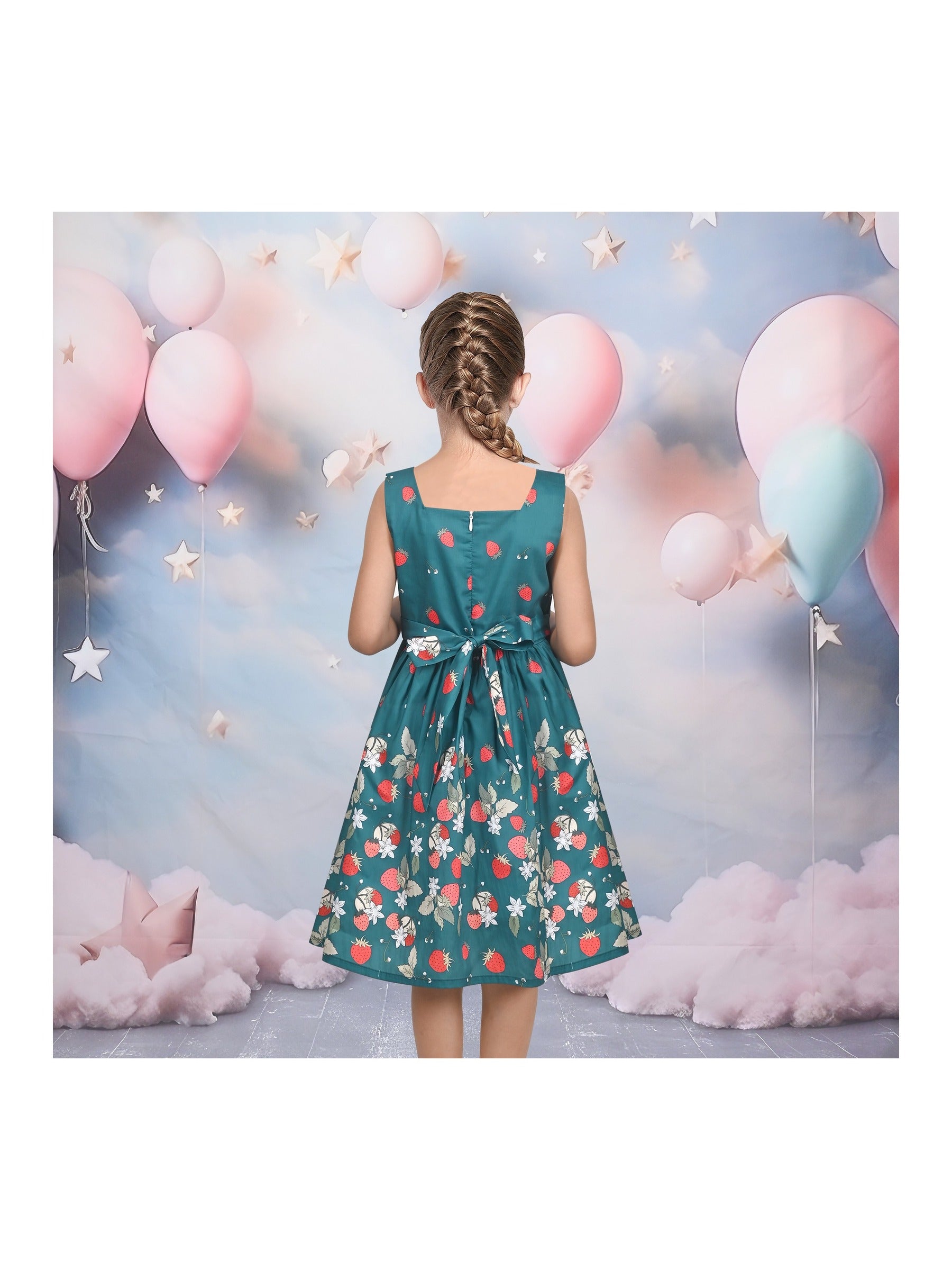 Girls Dress Green Strawberry Floral Zigzag Cute Sleeveless Casual Holiday Green
