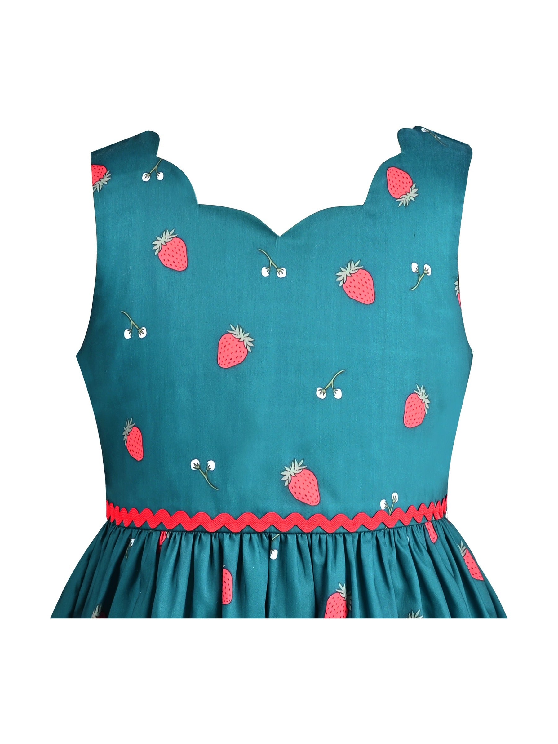 Girls Dress Green Strawberry Floral Zigzag Cute Sleeveless Casual Holiday Green