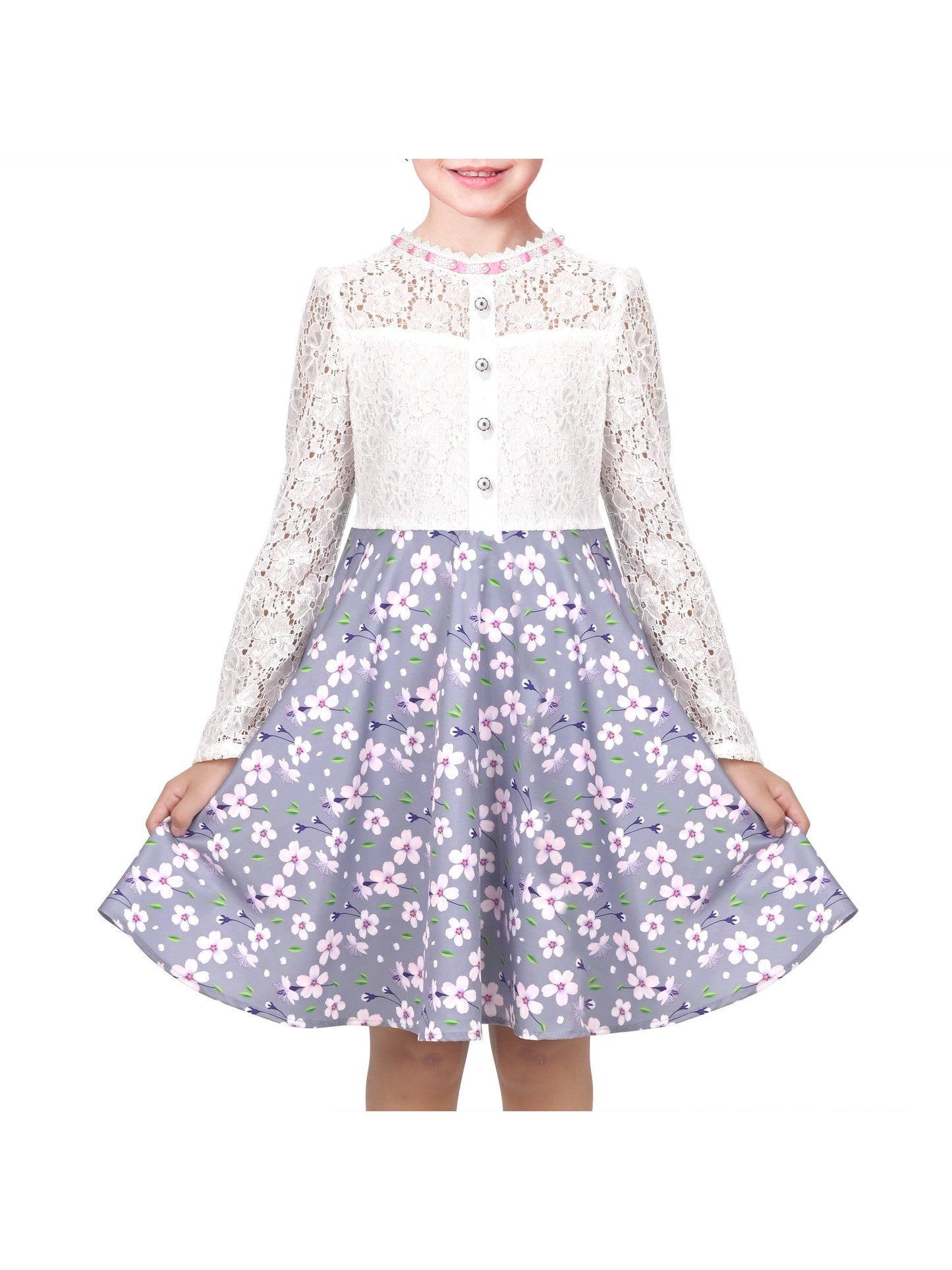Girls Dress Lace Pearl Plum Blossom Elegant Princess Dress Gray