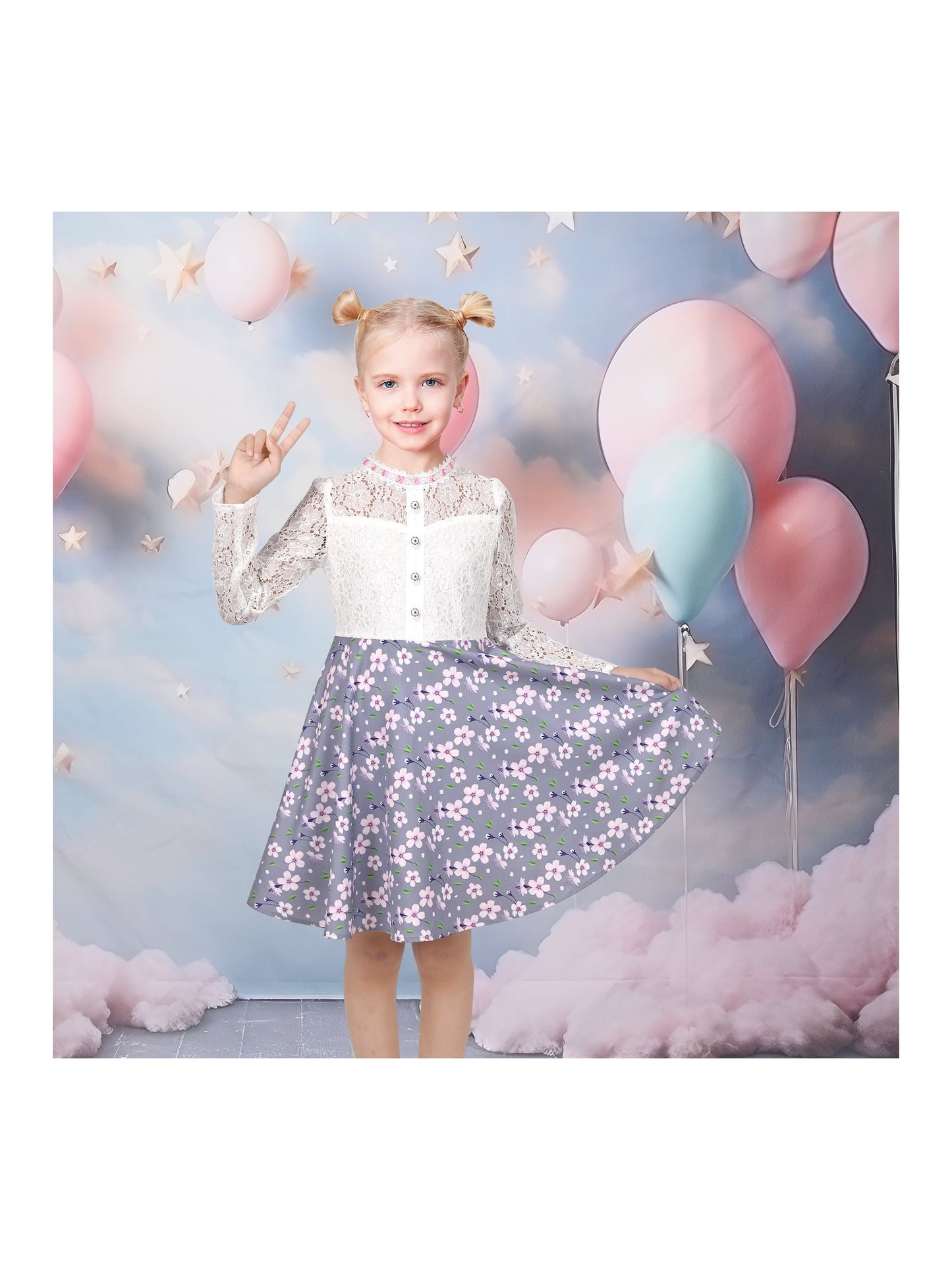 Girls Dress Lace Pearl Plum Blossom Elegant Princess Dress Gray