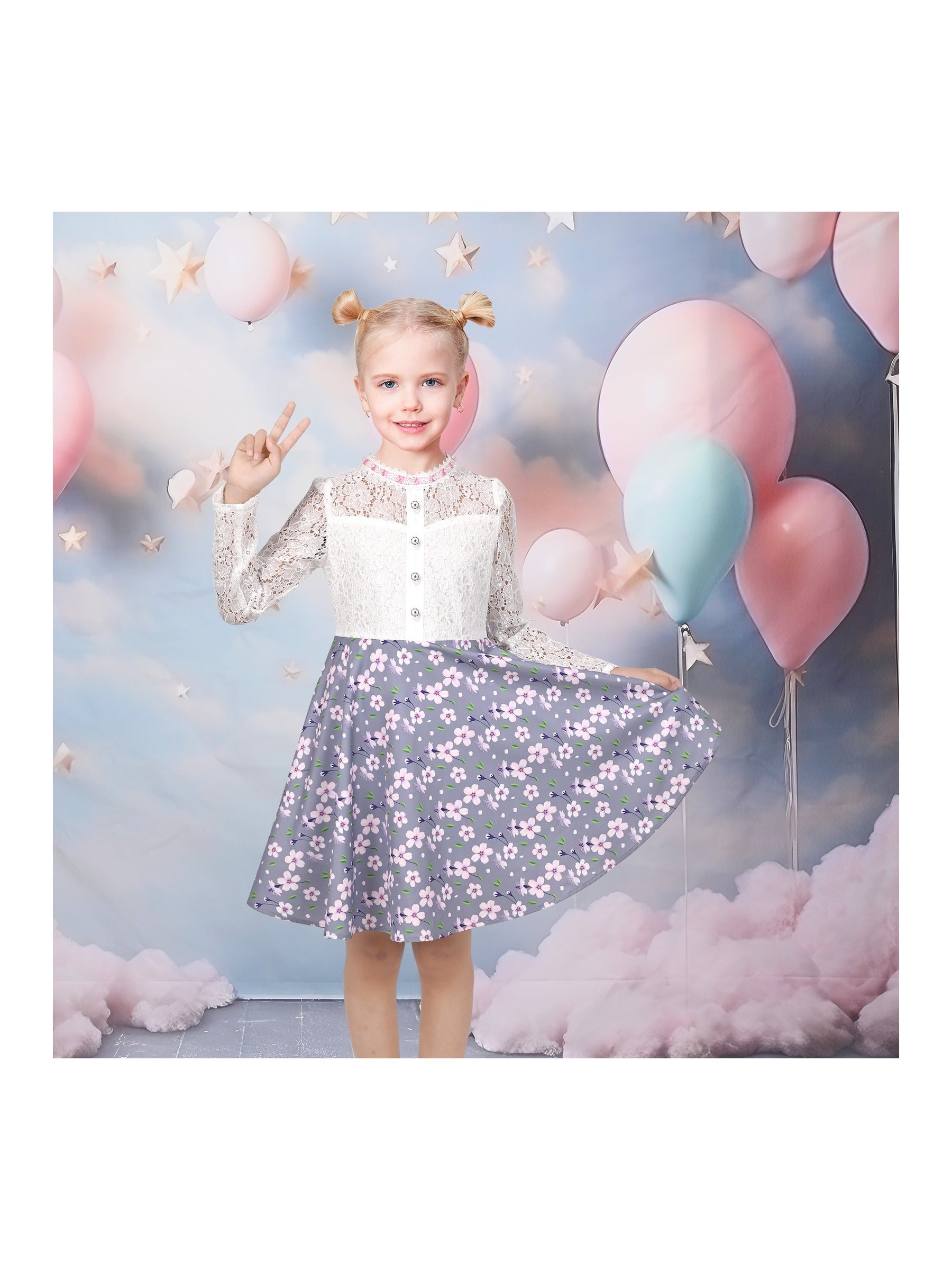 Girls Dress Lace Pearl Plum Blossom Elegant Princess Dress Gray