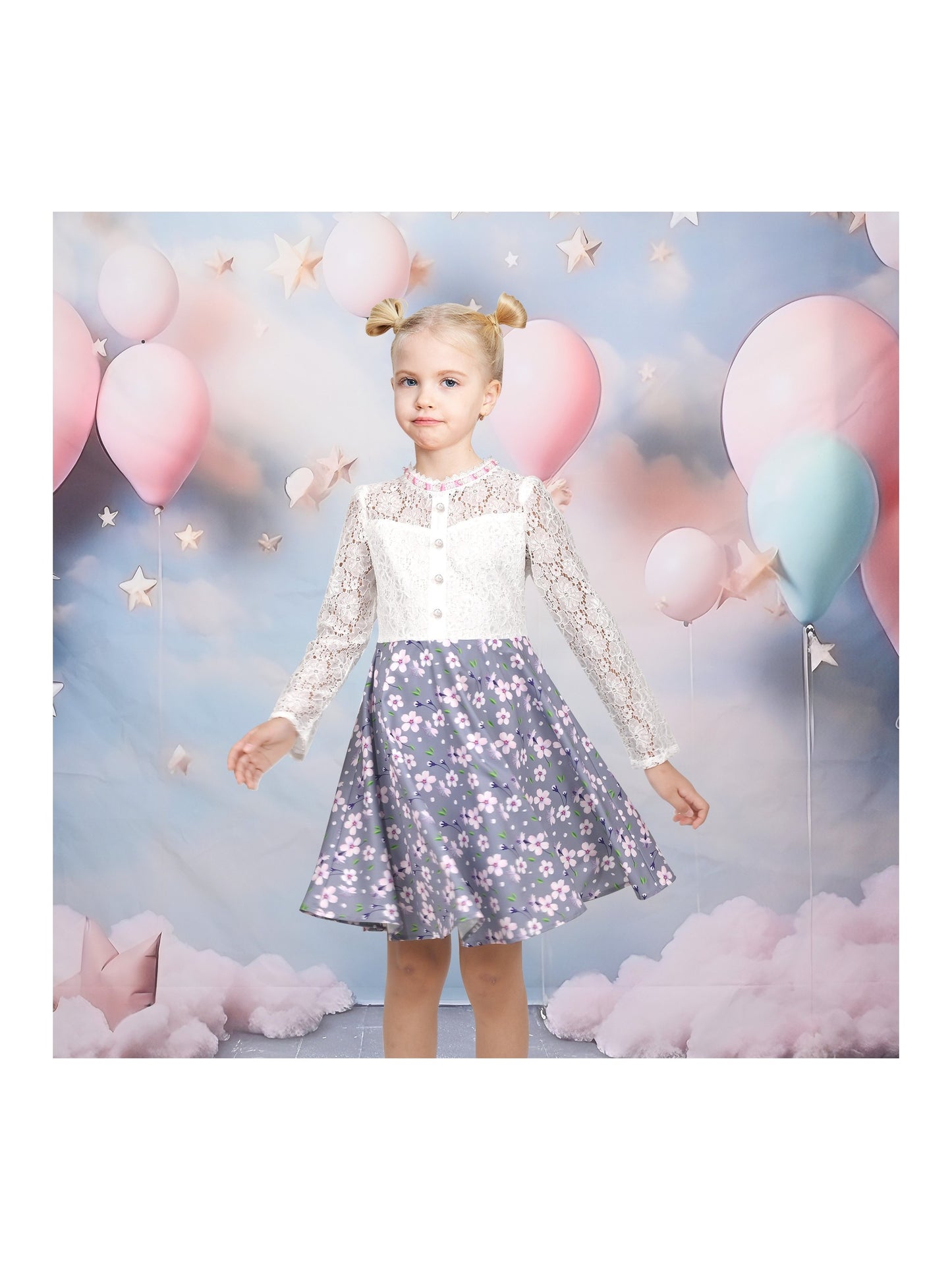 Girls Dress Lace Pearl Plum Blossom Elegant Princess Dress Gray