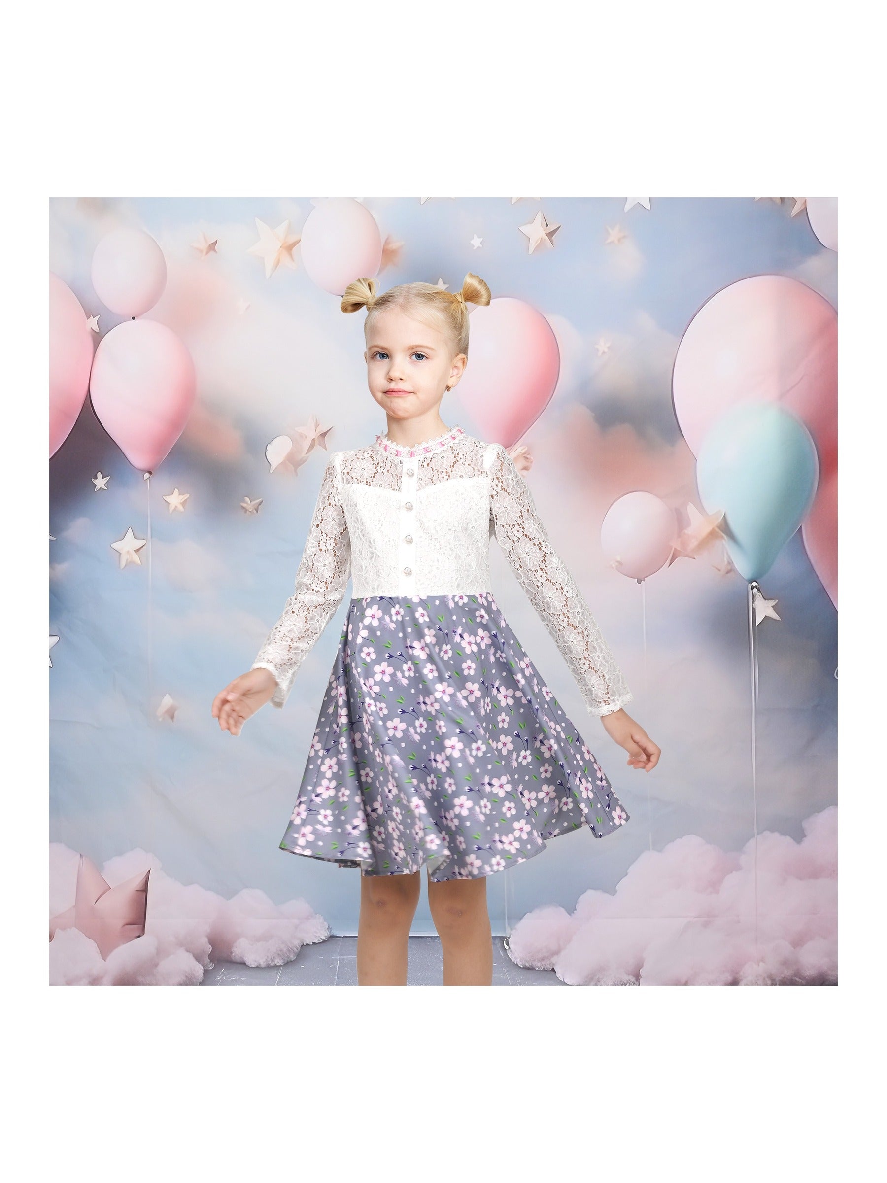 Girls Dress Lace Pearl Plum Blossom Elegant Princess Dress Gray