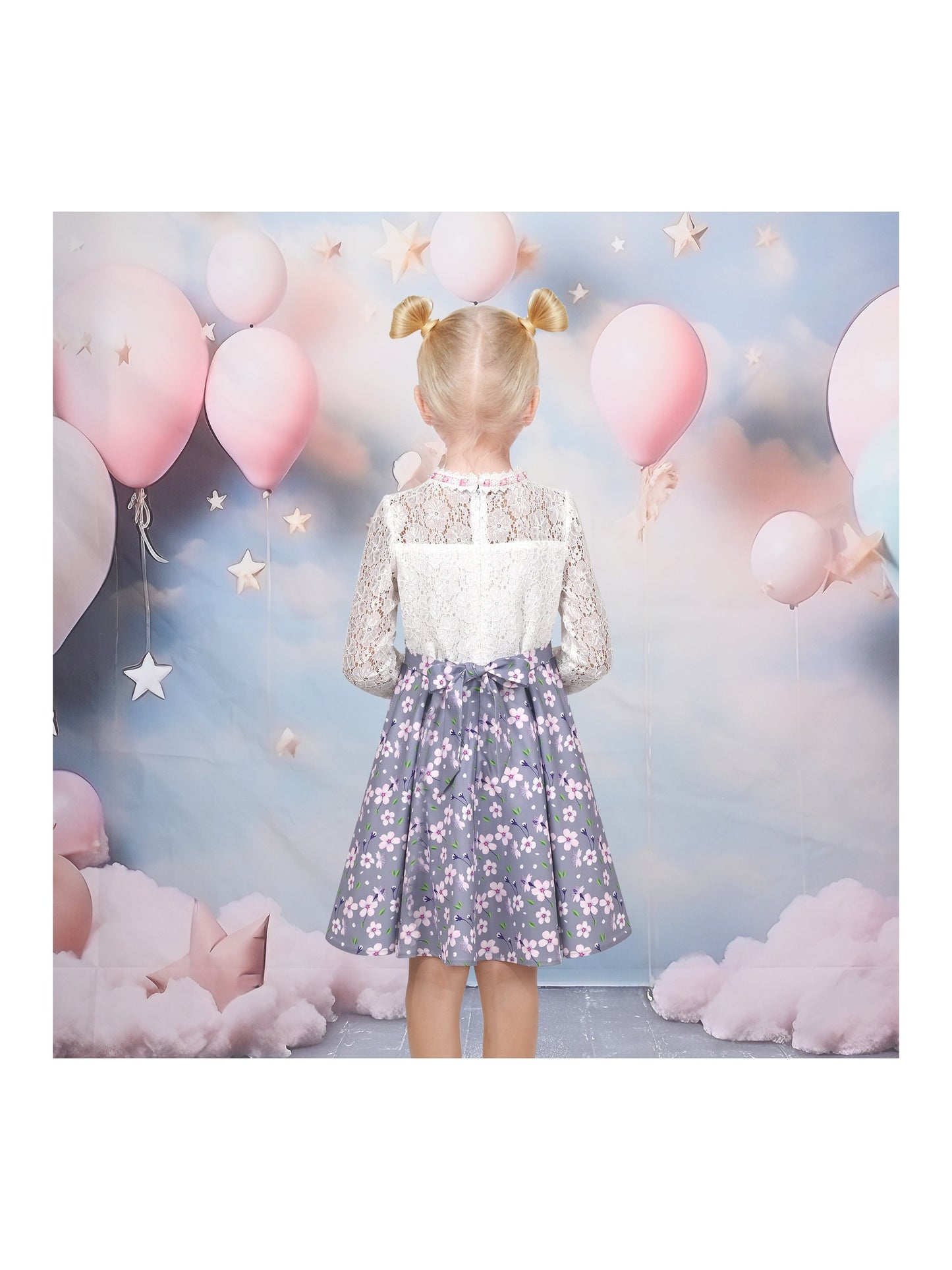 Girls Dress Lace Pearl Plum Blossom Elegant Princess Dress Gray