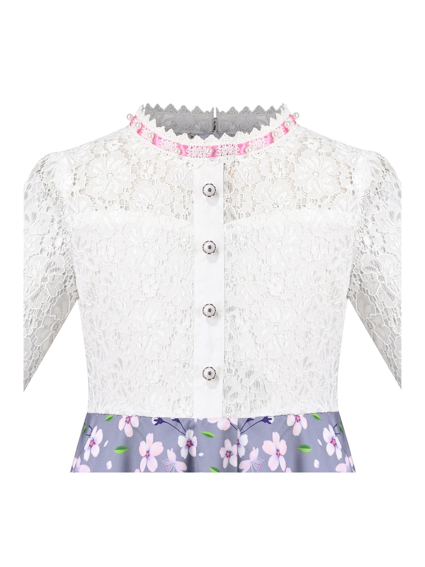 Girls Dress Lace Pearl Plum Blossom Elegant Princess Dress Gray