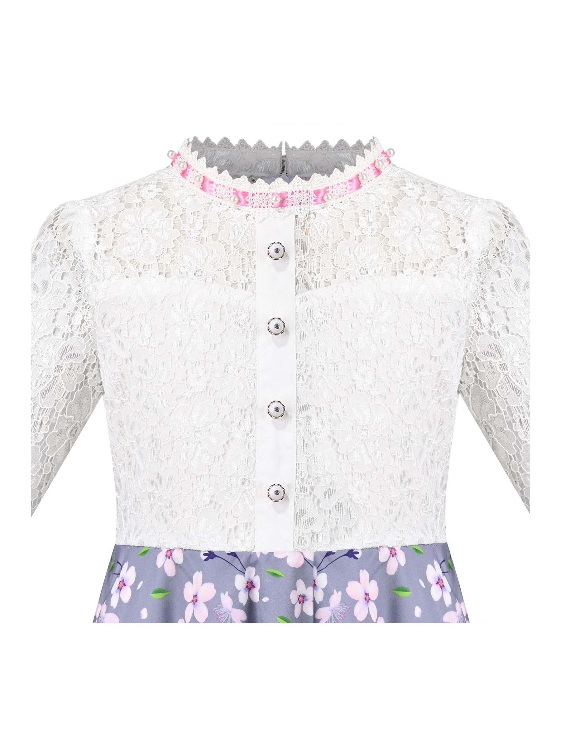 Girls Dress Lace Pearl Plum Blossom Elegant Princess Dress Gray