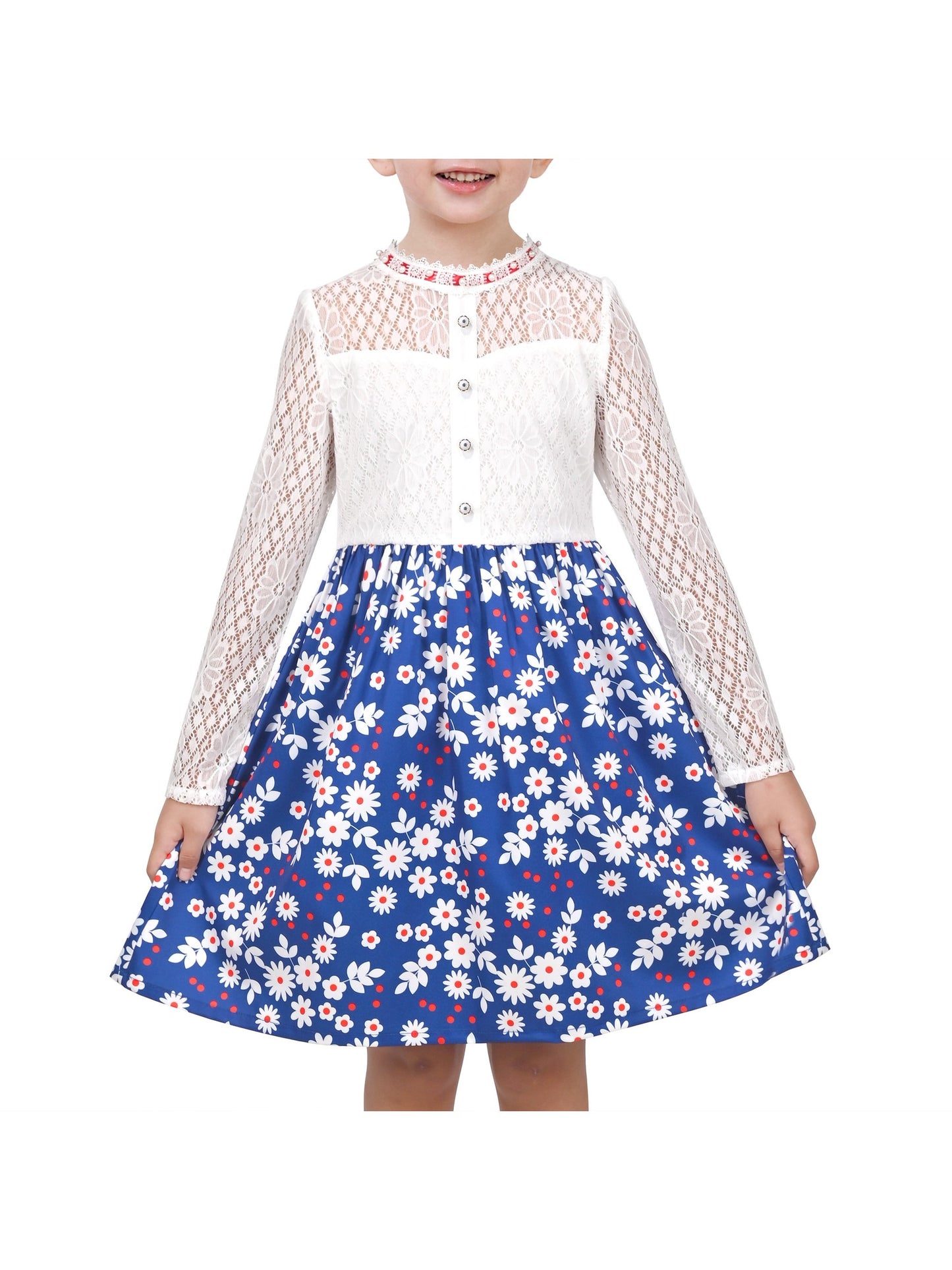 Girls Dress Lace Pearl Plum Blossom Elegant Princess Dress Blue