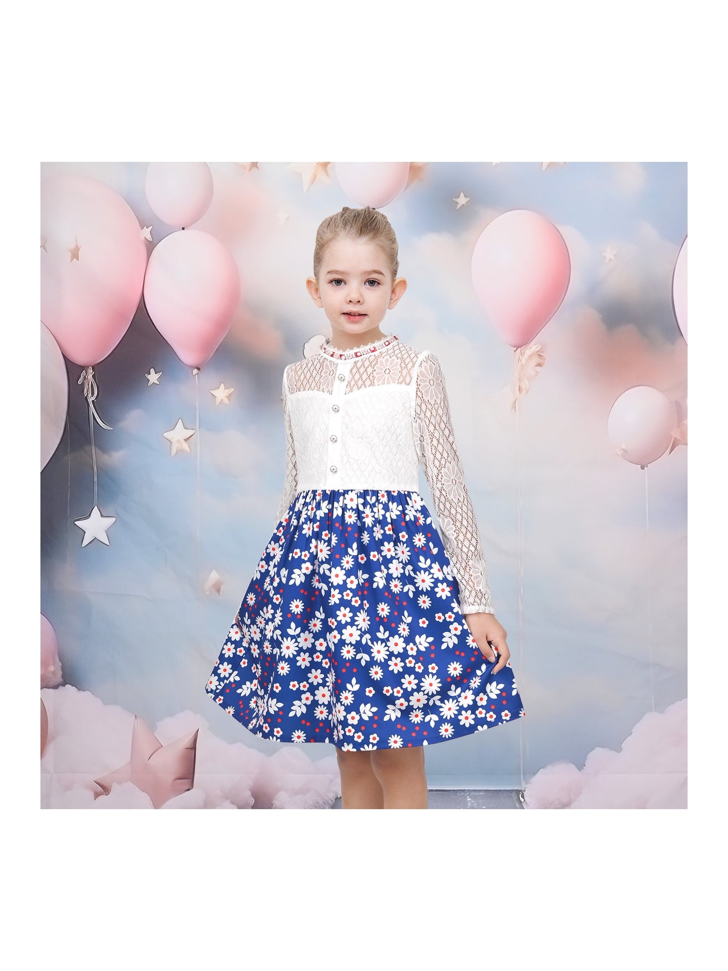 Girls Dress Lace Pearl Plum Blossom Elegant Princess Dress Blue