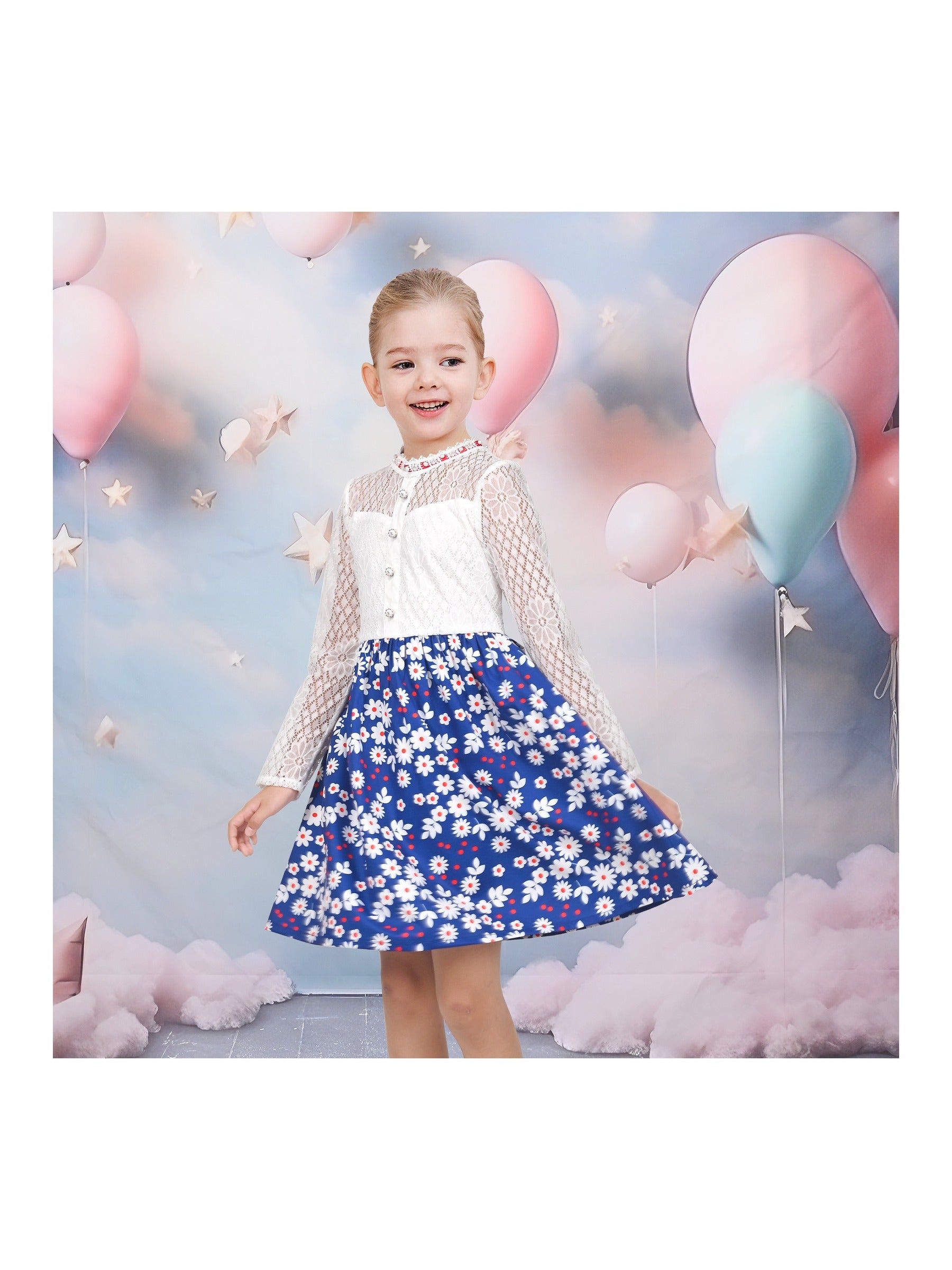 Girls Dress Lace Pearl Plum Blossom Elegant Princess Dress Blue