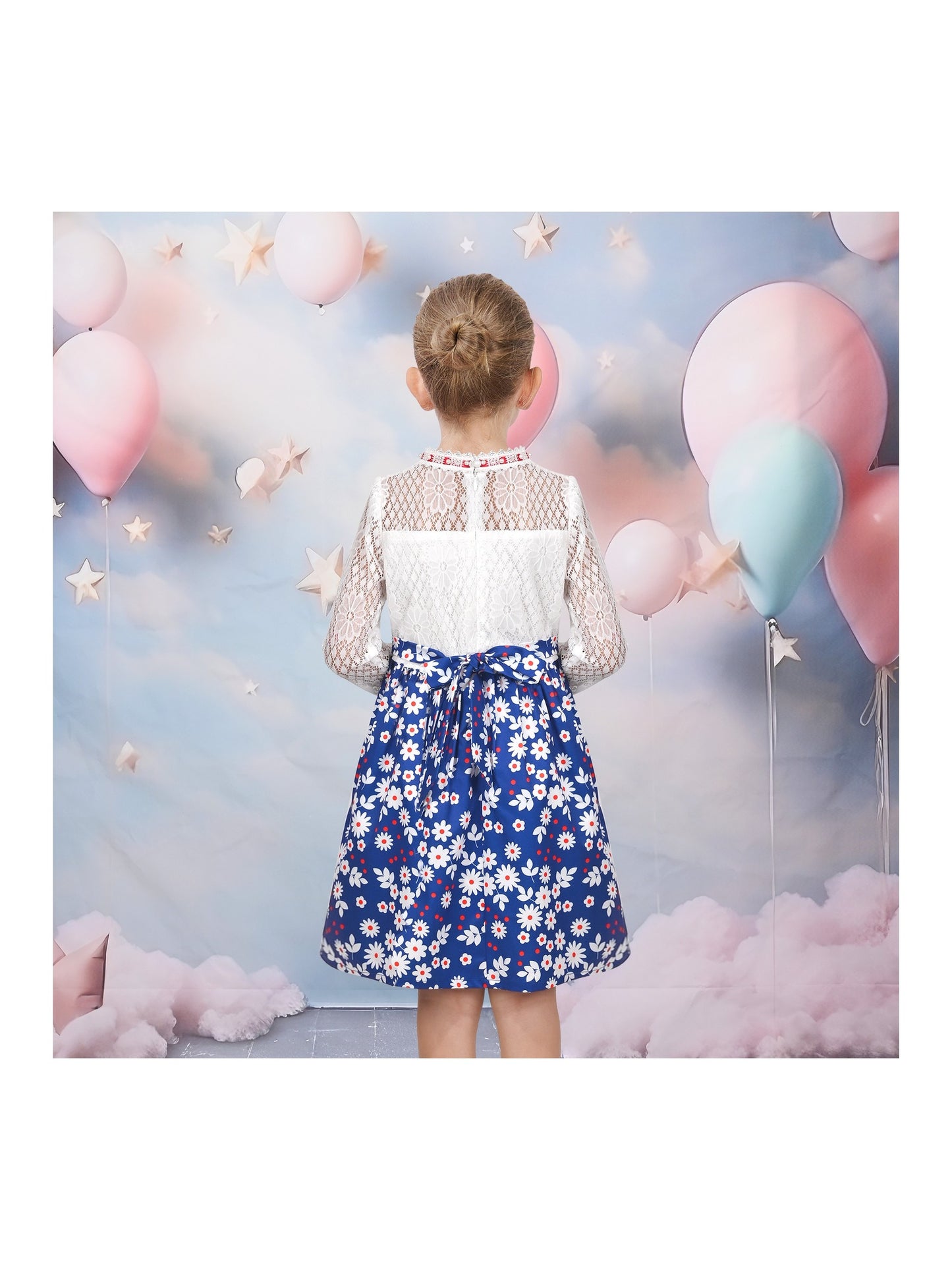 Girls Dress Lace Pearl Plum Blossom Elegant Princess Dress Blue