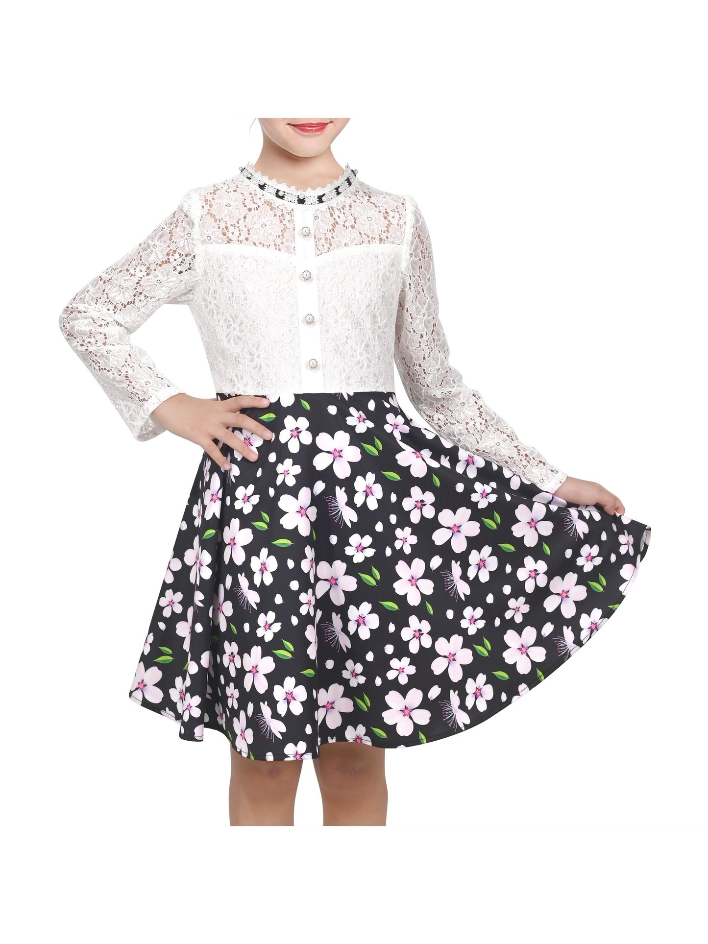 Girls Dress Lace Pearl Plum Blossom Elegant Princess Dress Black