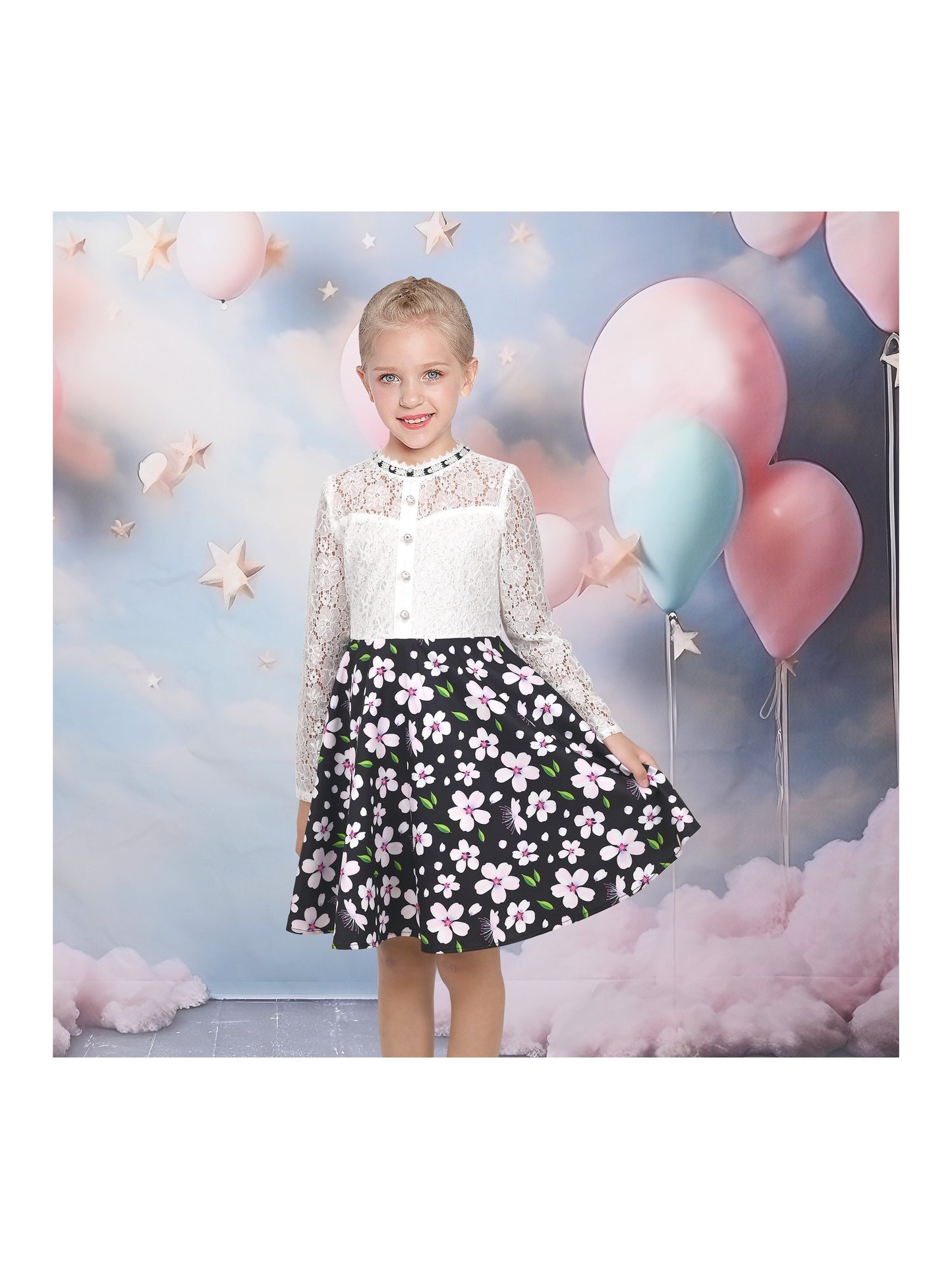 Girls Dress Lace Pearl Plum Blossom Elegant Princess Dress Black