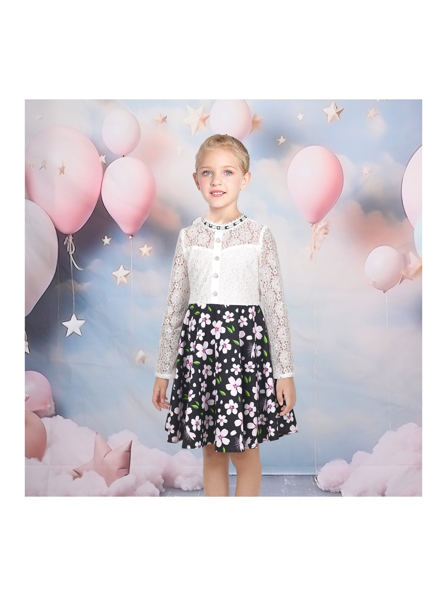 Girls Dress Lace Pearl Plum Blossom Elegant Princess Dress Black