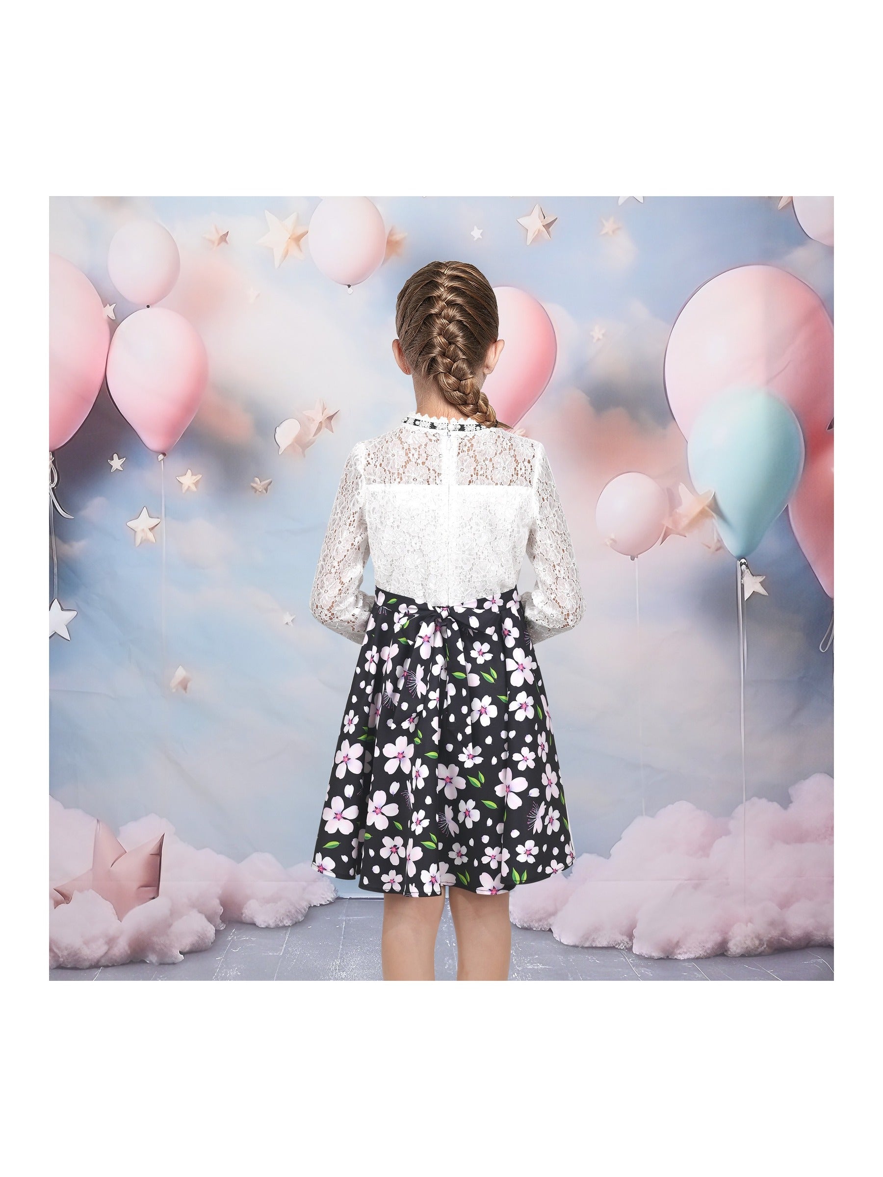 Girls Dress Lace Pearl Plum Blossom Elegant Princess Dress Black
