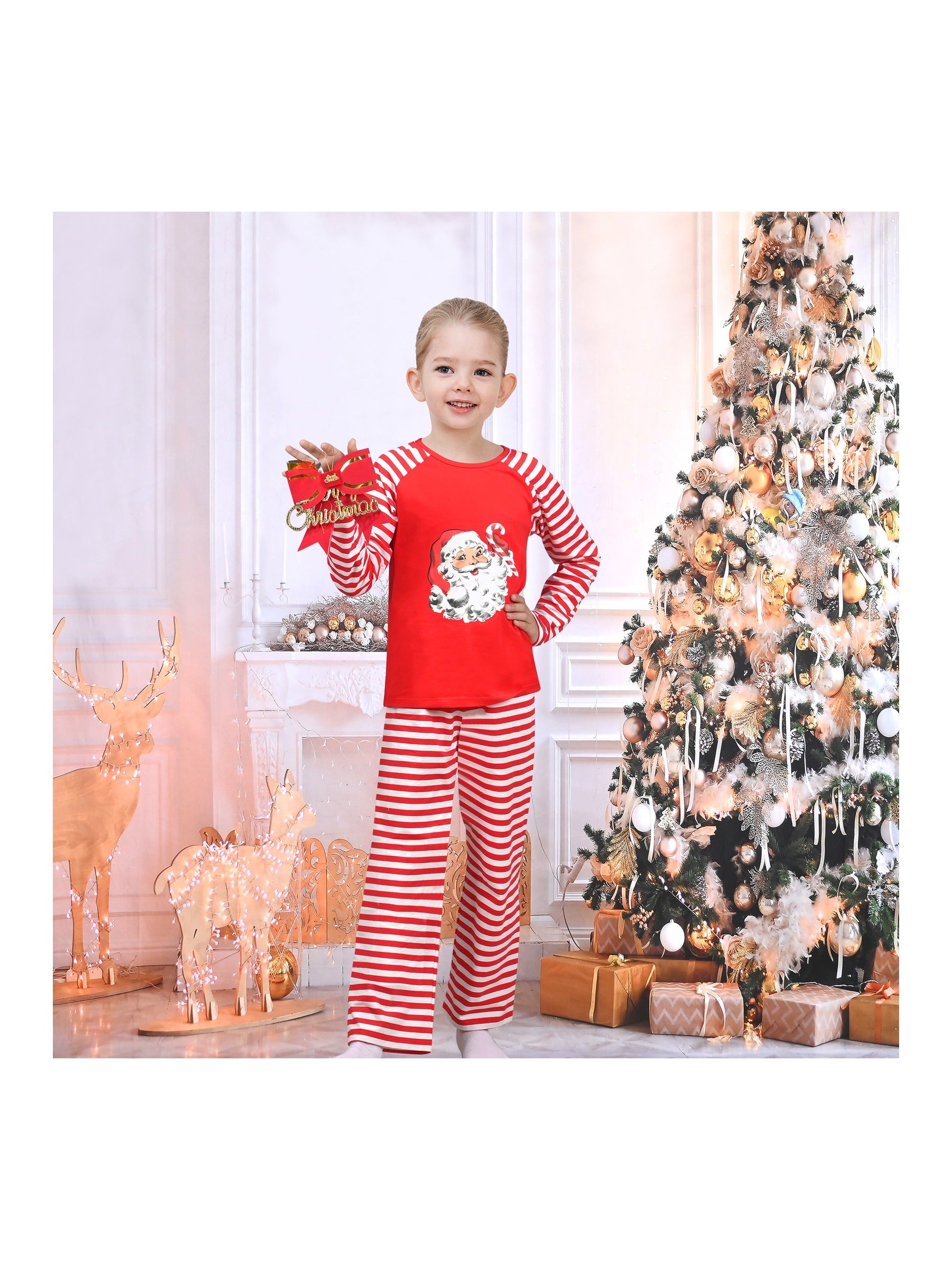 Girls Outfit Set 2 Piece Green Tee Striped Pants Christmas Santa Claus Red