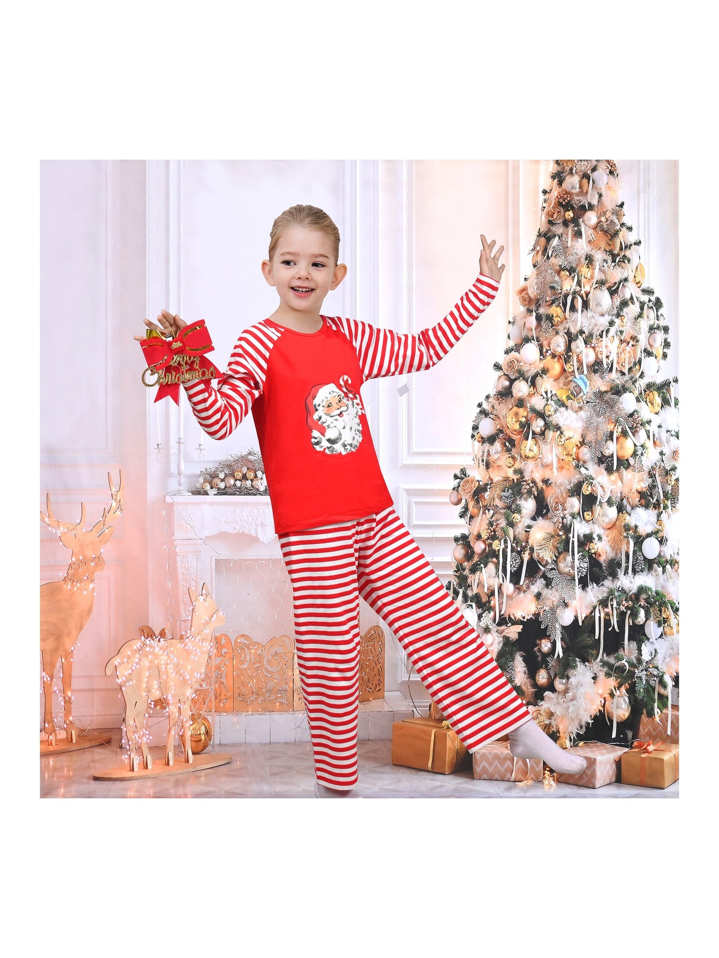 Girls Outfit Set 2 Piece Green Tee Striped Pants Christmas Santa Claus Red
