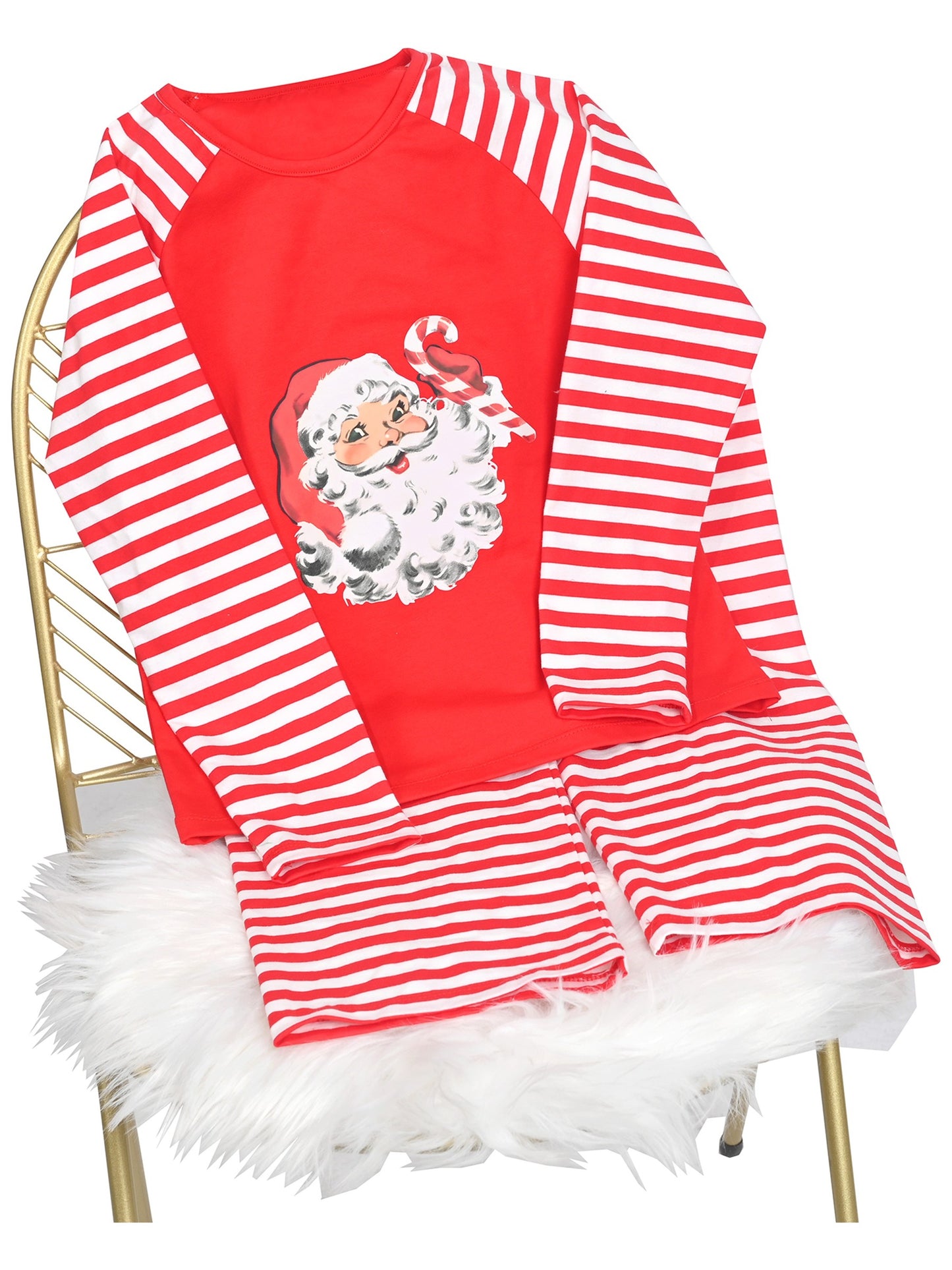 Girls Outfit Set 2 Piece Green Tee Striped Pants Christmas Santa Claus Red