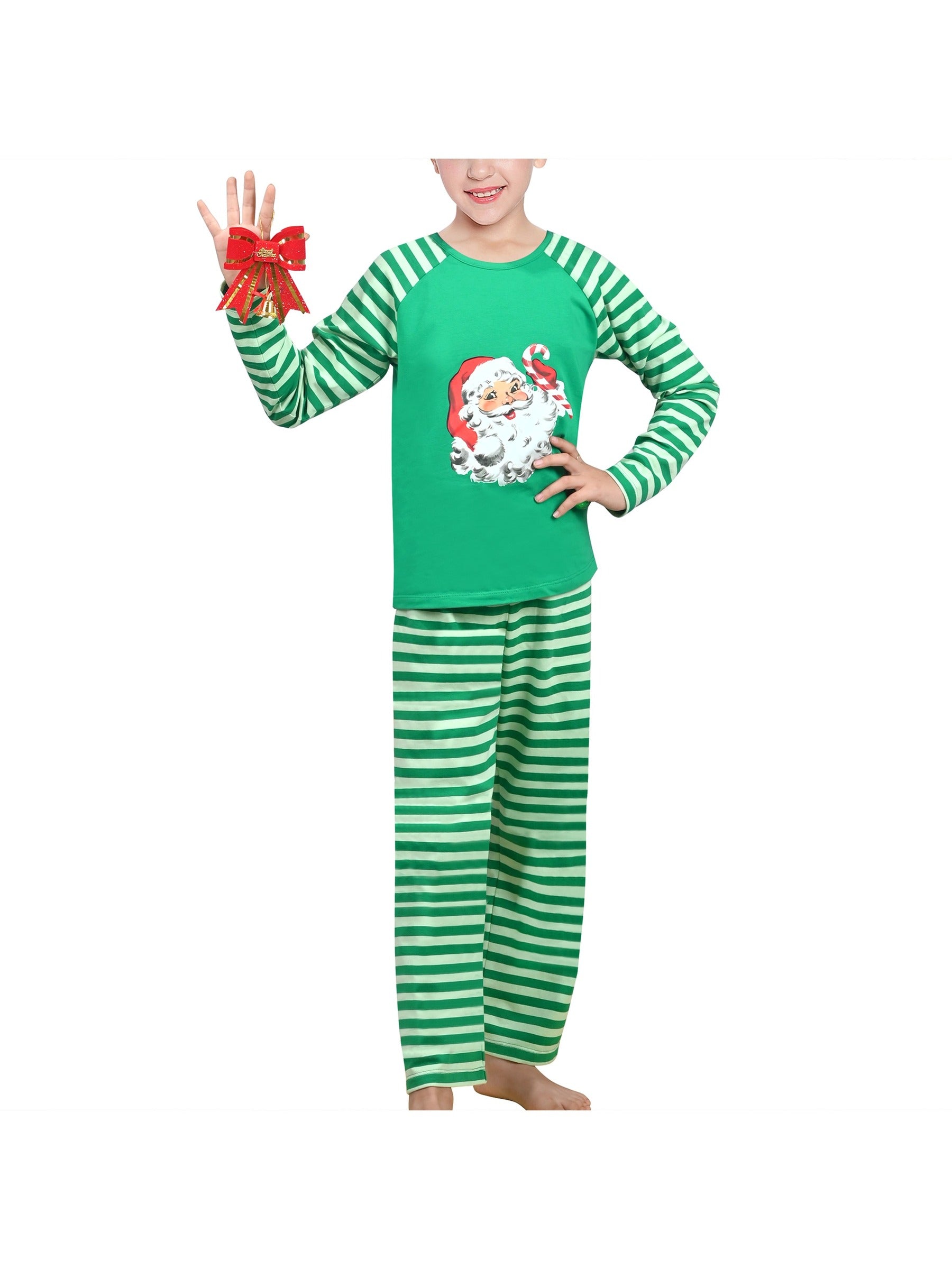 Girls Outfit Set 2 Piece Green Tee Striped Pants Christmas Santa Claus Green
