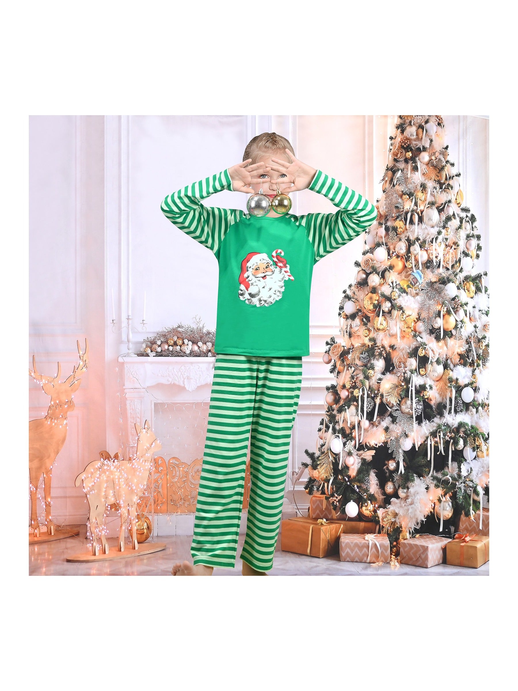 Girls Outfit Set 2 Piece Green Tee Striped Pants Christmas Santa Claus Green