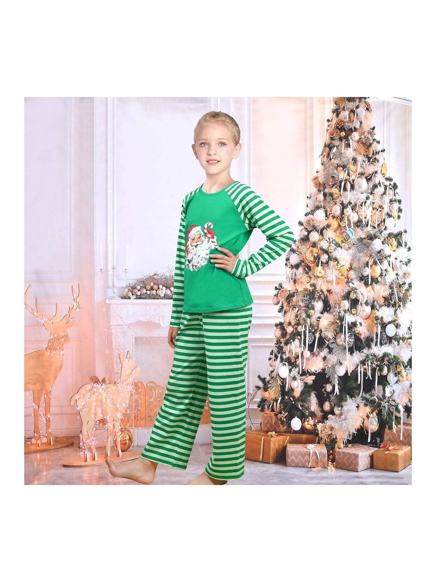 Girls Outfit Set 2 Piece Green Tee Striped Pants Christmas Santa Claus Green